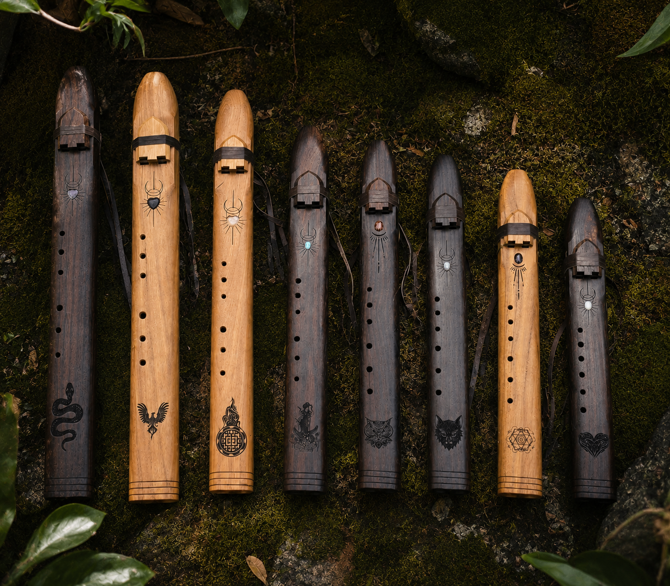 A curated arrangement of handcrafted MÆTRIX flutes resting on forest moss